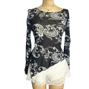 Moa Moa Sheer Black Floral Mesh Asymmetrical Top Long Sleeve Size M